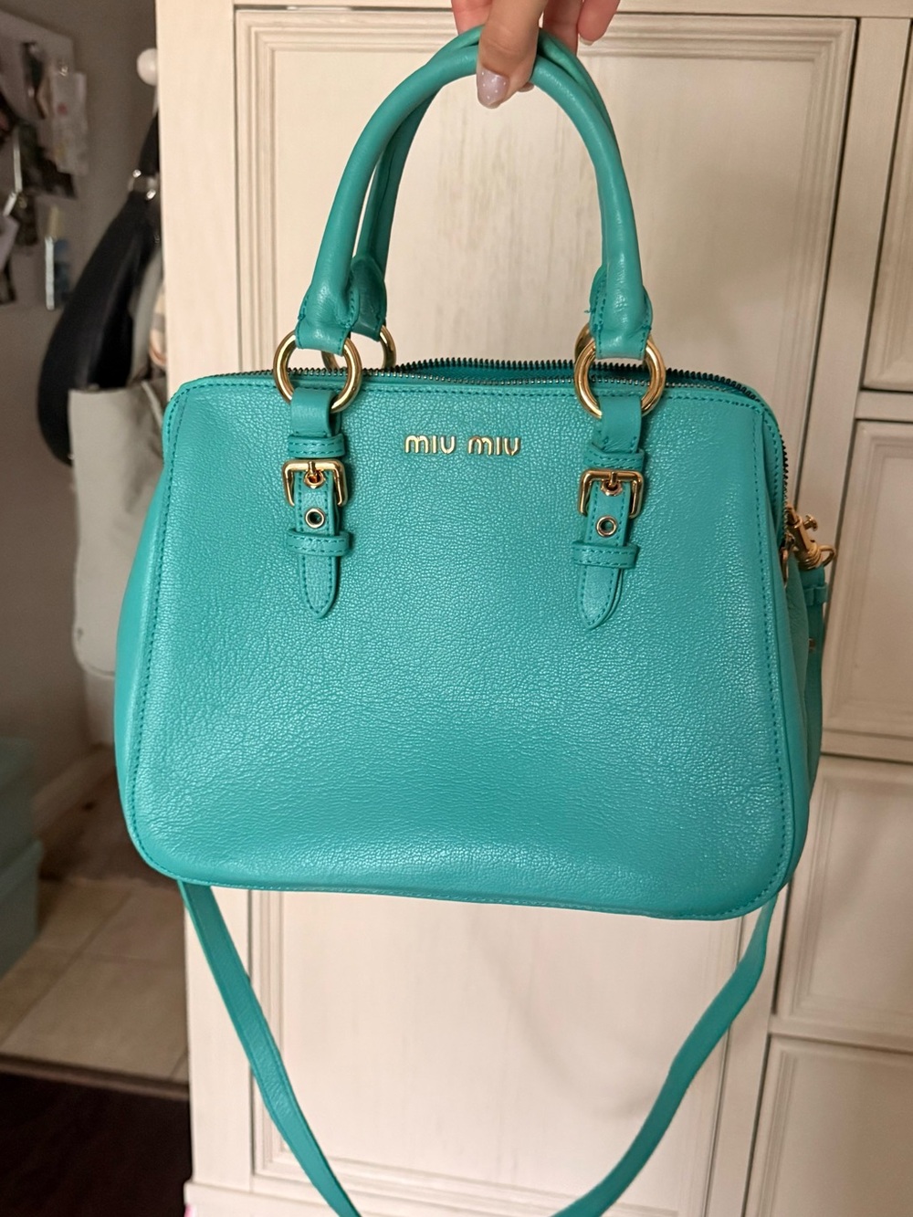 Miu Miu Turquoise Structured Leather Satchel with Gold Hardware